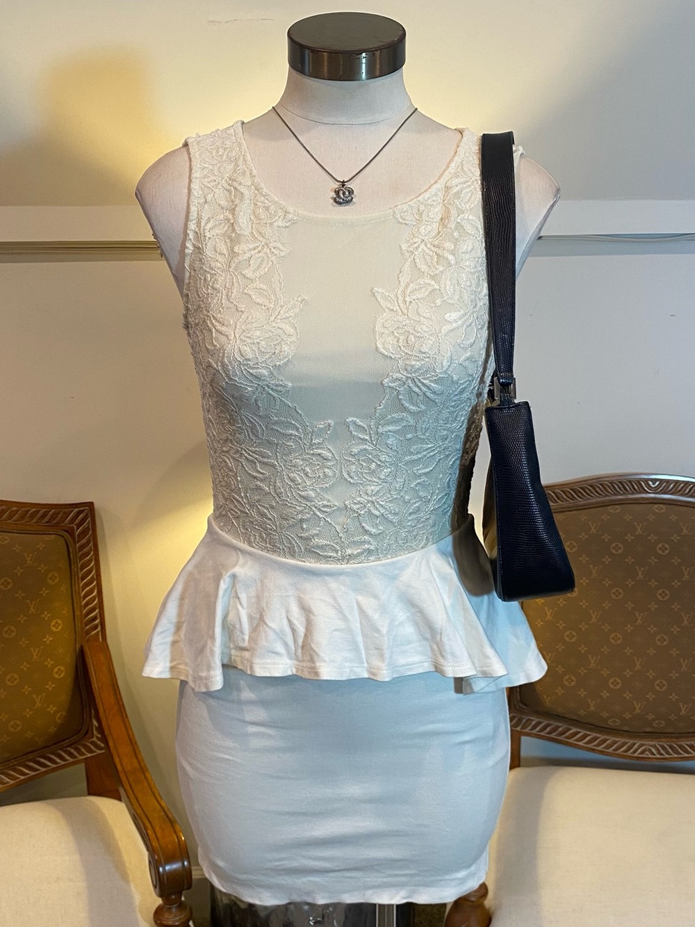 Vintage bebe Cream Lace Peplum Mini Dress